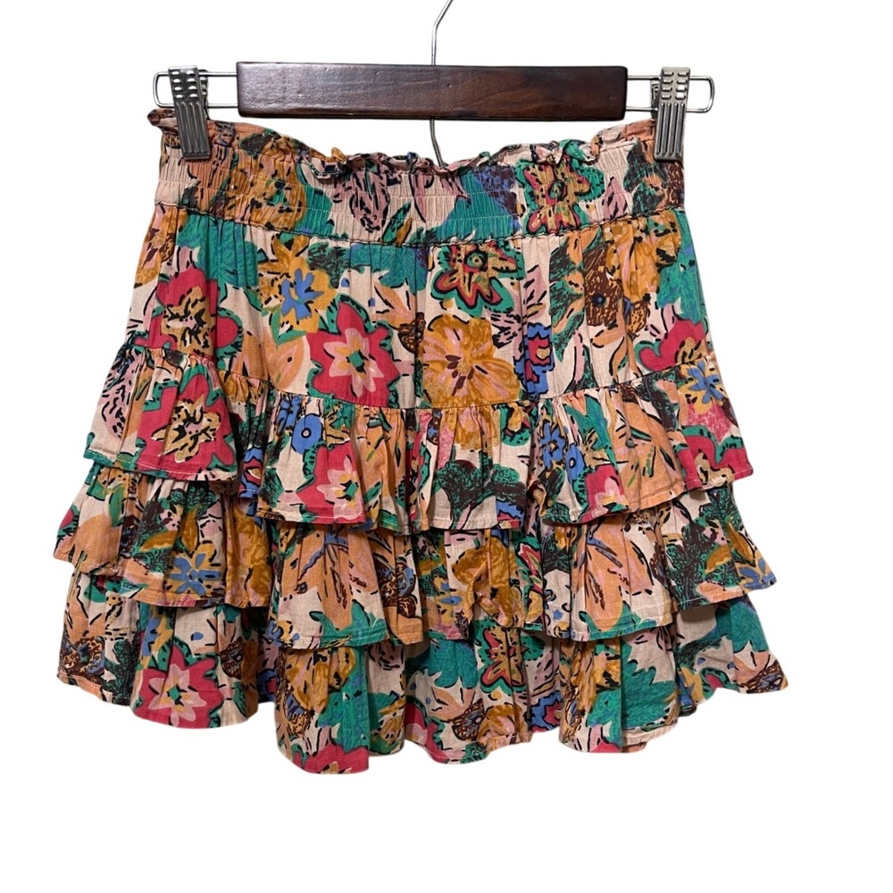 Love the Label Womens‎ Tiered Ruffle Willow Mini Skirt Smocked Waist Colorful S